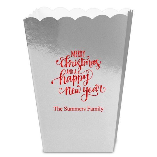 Hand Lettered Merry Christmas and Happy New Year Mini Popcorn Boxes